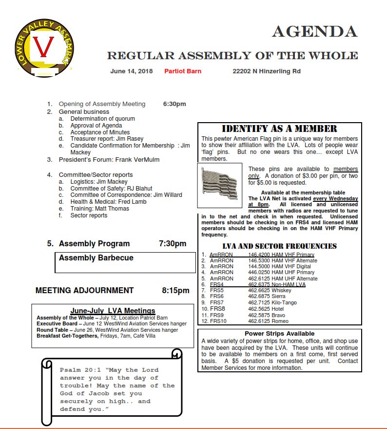 Regular Assembly of the Whole, June 14th, 2018 – Lower Valley Assembly